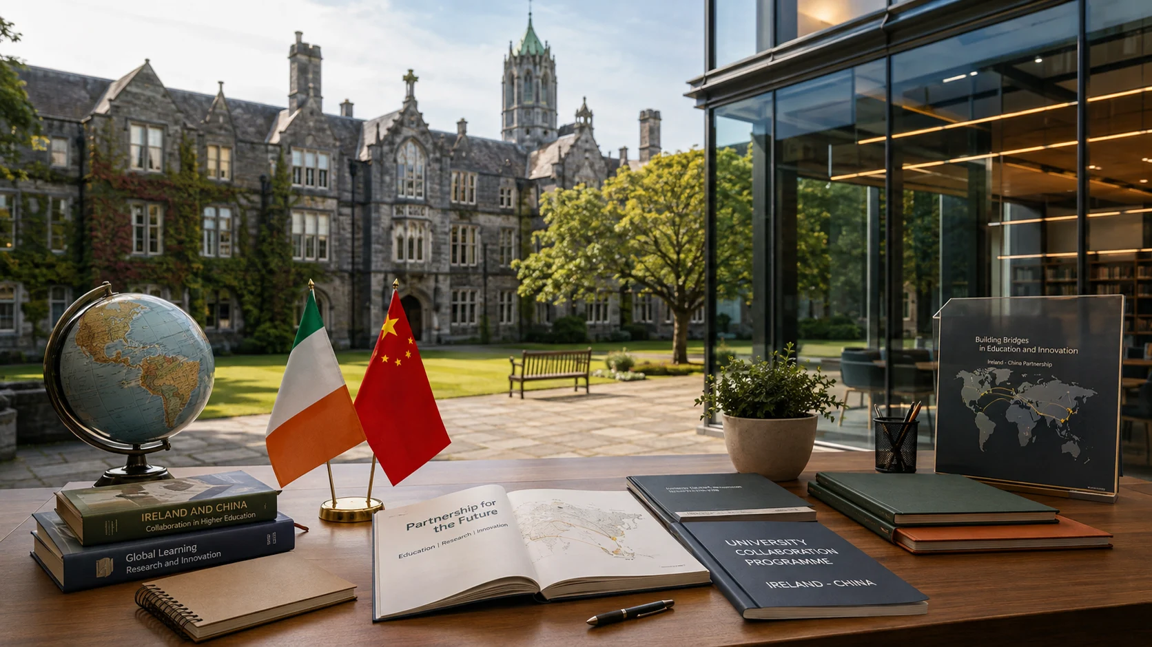 Ireland and China flags with international education materials on a university campus.